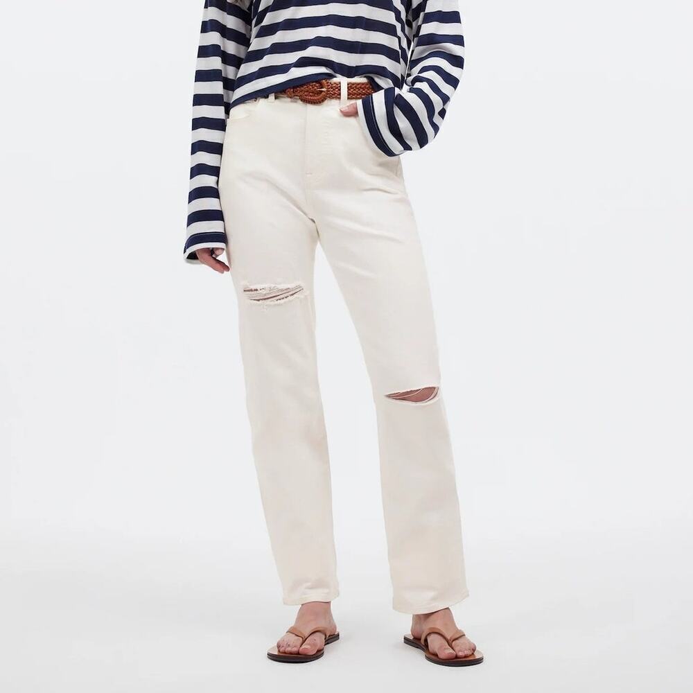 Madewell The '90s Straight Jeans High Rise Distressed Denim Tile White NWT 29